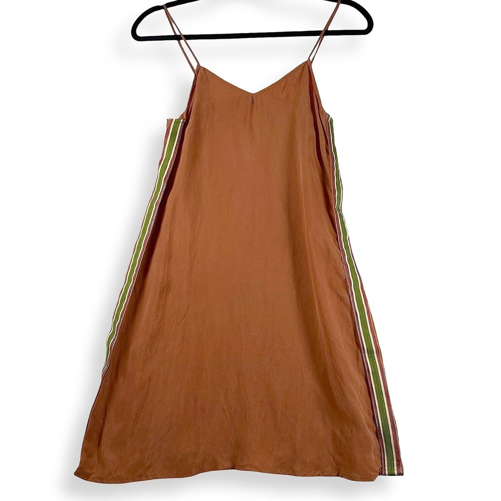 Tribe Kelley USA Rust Brown Rayon Mini Dress Side Stripe Spaghetti Strap Small